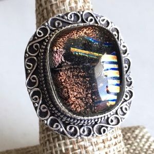 New Dichroic Acrylic Orange Foil Silver Overlay Vintage Style Ring Size 7